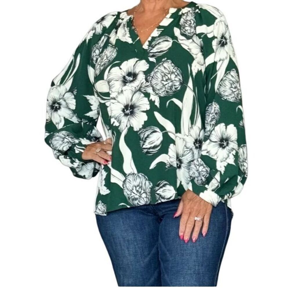JODIFL Los Angeles Emerald Green Floral Blouse Top Size Large NWT
